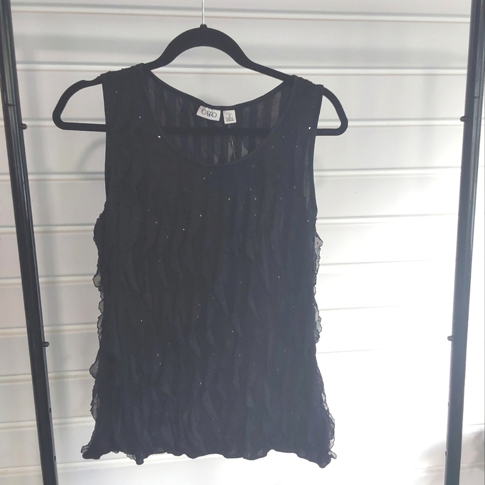 Cato Womens Black Sleeveless  Blouse Size Medium Ruffled Glitter Design